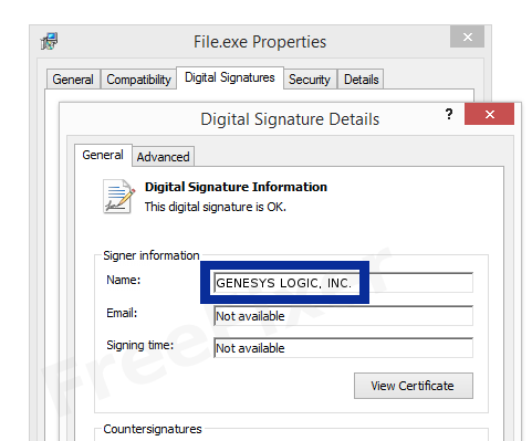 Screenshot of the GENESYS LOGIC, INC. certificate